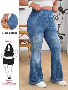 SHEIN CURVE+ 大尺碼女款寬腰帶喇叭褲，適合各種腿型 - 藍色 - 查看 1