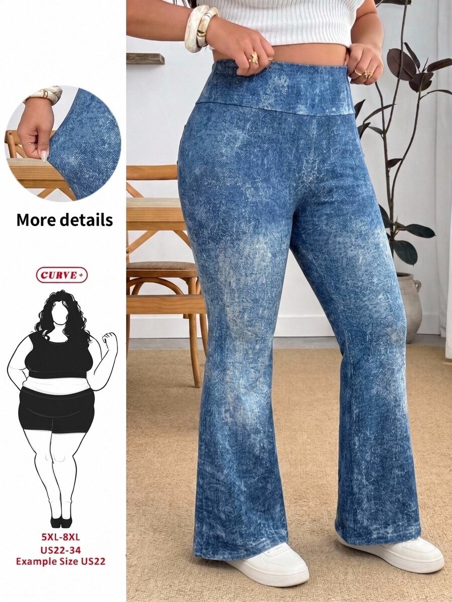 SHEIN CURVE+ 大尺碼女款寬腰帶喇叭褲,適合各種腿型 - 藍色 - 查看 1
