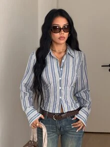 StreetHx 女款淺灰色條紋長袖襯衫，修身性感休閒時尚街頭風Y2K秋季襯衫，百搭日常出遊襯衫 - 淺灰色 - 查看 3
