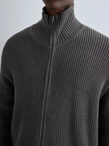 Merionis Men's Solid Color Long Sleeve Zipper Front Casual Knit Cardigan - Dark Grey - View 6