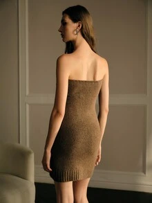 MOTF PREMIUM WOMEN'S AUTUMN/WINTER KNIT STRAPLESS FITTED ELEGANT SHORT DRESS - Camel - View 3