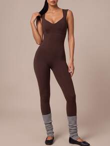 SHEIN BAE Women's Solid Color Backless Tie Design Sleeveless Sports Jumpsuit - Coffee Brown - View 2