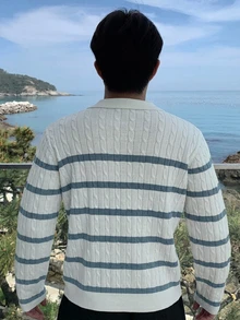 DAZY 秋冬款藍色條紋白色 Polo 領男士長袖針織上衣 - 藍白色 - 查看 2