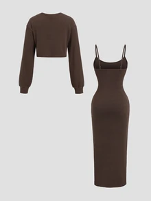 Sweetra Women's Solid Color Long Sleeve Open Front Top And Cami Dress Casual 2 Pieces Set - Coffee Brown - View 2