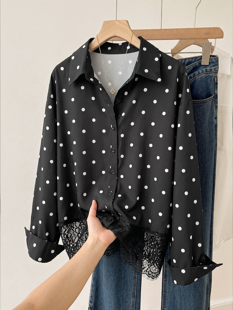 Muvela Women's Polka Dot Pattern Contrast Lace Hem Single-Breasted Shirt - Black - View 5