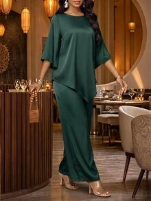 Fleurora Women's Solid Color Round Neck Bell Sleeve Asymmetrical Hem Blouse And Long Pants Casual 2 Pieces Set - Green - View 3