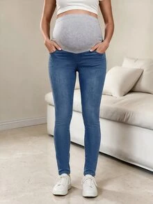 SHEIN Maternity Bow Embroidery High Elasticity Minimalist Denim Skinny Jeans - Light Wash - View 5