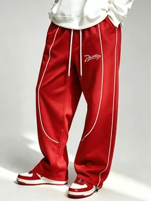 ROMWE MEN Street Life Pantalones holgados con cordón en la cintura y estampado de letras para hombre - Rojo - Ver 1