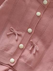 SHEIN 6 Months - 3 Years Baby Girl Bean Paste Color Round Neck Perforated Knit Cardigan With 3D Bow Decor Long Sleeve Jacket And Ruffle Hem Knit Wide Leg Pants 2 Pieces Set Infant Toddler Casual Spring Autumn Knit Outfit - Pink - View 4