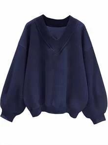 SHEIN EZwear 休閒極簡風海軍藍女款V領寬鬆大版衛衣，適合秋冬穿著 - 藏蓝色 - 查看 1