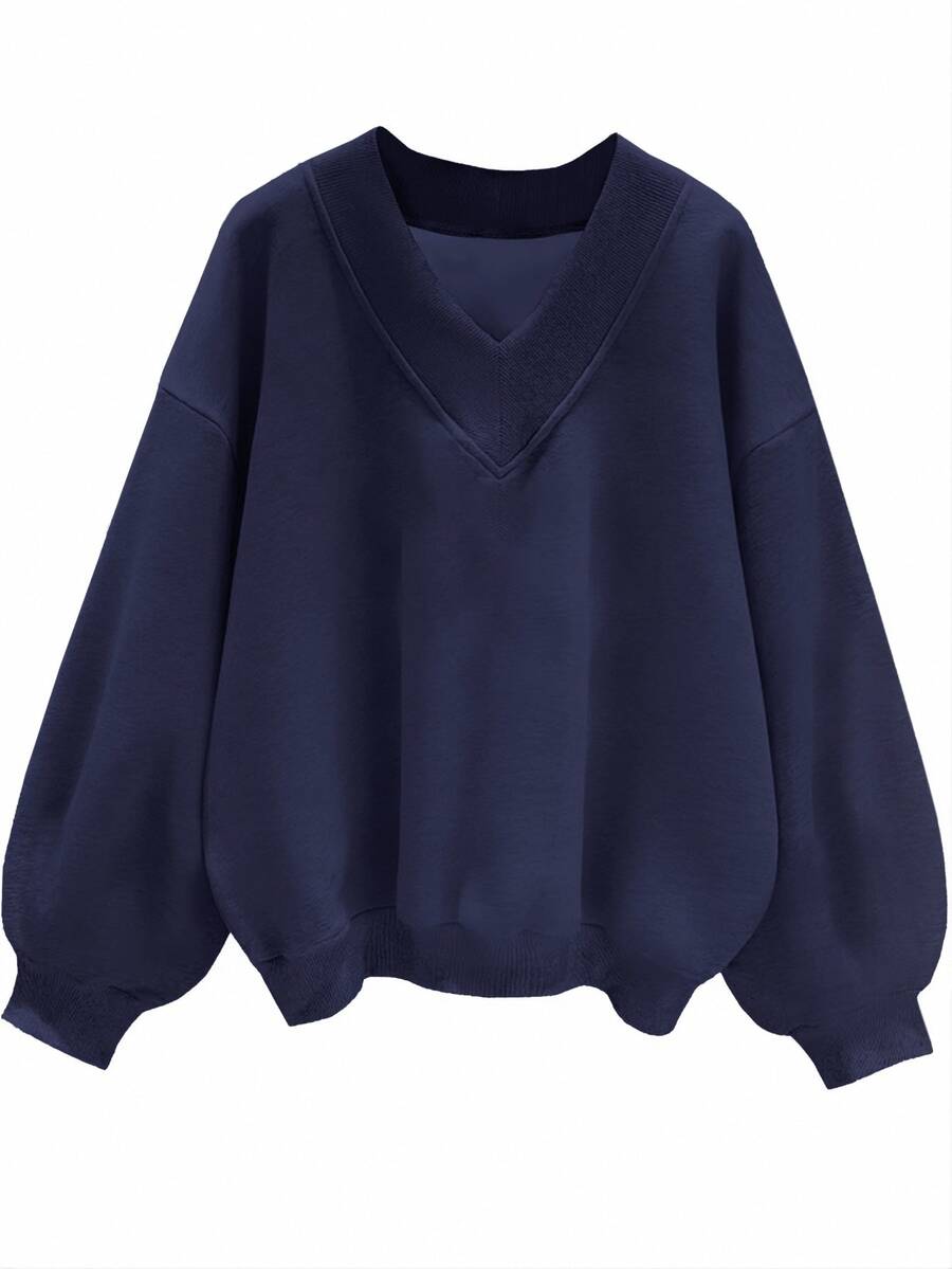 SHEIN EZwear 休閒極簡風海軍藍女款V領寬鬆大版衛衣,適合秋冬穿著 - 藏蓝色 - 查看 1