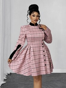 Maweii Plus Size Vintage Sweet Plaid Cinched Waist Button Pleated Dress Fall - Multicolor - View 5