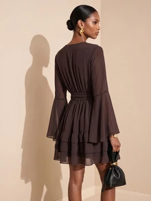 Vesra Women's Solid Color Notch V-Neck Bell Sleeve Fashion Short Dress - Brown - View 2