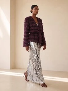 Vesra Shiny Faux Fur Cross Collar Belted Wrap Party Elegant Women's Regular Coat - Red Violet - View 5