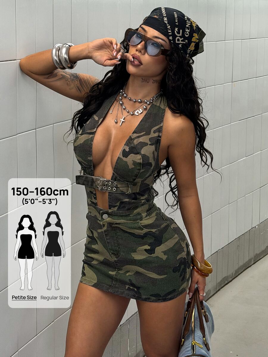 SHEIN PETITE Women's Camouflage Chicken Eye Buckle Design Deep V Sexy Halter Neck Denim Dress - Multicolor - View 1