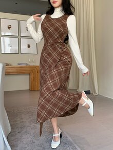 DAZY Slim Fit Flattering Plaid Wool Blend Mid-Length Dress For Women - Coffee Brown - View 6