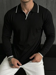 DAZY 男士春秋黑色針織 Polo 領上衣，白色對比飾邊 - 黑色 - 查看 5