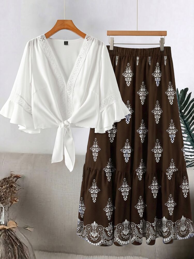 Linhara Plus Size Women's Water-Soluble Lace Romantic Fashion Date Outfit, Suitable For Spring/Summer Vacation Casual Wear, Versatile 2 Pieces Set - Multicolor - View 1