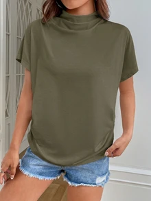 SHEIN Essnce 女款休閒純色立領短袖T恤 - 軍綠色 - 查看 4