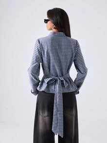 LYSMO Women's Plaid Long Sleeve Single-Breasted Casual French Elegant Stand Collar Shirt Office Brunch White And Navy Fall - Blue - View 2