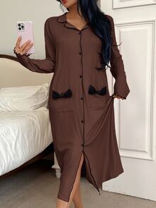 SweetSlumber Women's Brushed Ribbed Bow Knot Loungewear Dress - Brown - View 3