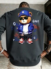 Manfinity Hypemode Men's Classic Street Graffiti Bear Reversible Pattern Crew Neck Sweatshirt, Suitable For Daily Wear And Gatherings - Dark Grey - View 1