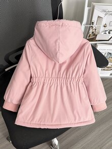 SHEIN Elladie kids 女童冬季嬰兒白色愛心保暖內裡拉鍊連帽衛衣，彈性腰圍加厚保暖時尚戶外通勤外套 - 粉色 - 查看 3