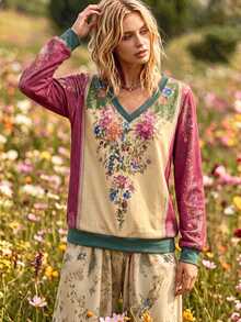 Balvessa Allover Floral Printed Contrast V-Neck Top, Retro Spliced Loose Casual Pullover Sweatshirt - Multicolor - View 7