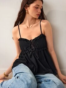 Willow Rêve Women's Black Loose Tie Front Cami Top, Ruffle Trim & Layered Design, Solid Color, Summer Romantic Bohemian Style, Suitable For Vacation, Party & Travel - Black - View 6