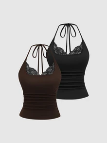 SHEIN EZwear American Hot Girl Style Tank Top Set, Vintage Color Block Halter Neck With Lace Trim, Ruched Cinched Waist Design, Spring/Summer Fashion Beach Party Women's Tank Top - Multicolor - View 1