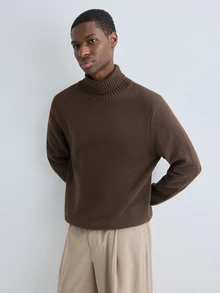 Merionis Men's Solid Color Brown Turtleneck Long Sleeve Casual Versatile Sweater - Coffee Brown - View 5
