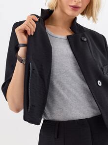KÆRIA Hus Architectural Stand Collar Cropped Blazer - Textured Tailoring - Black - Matching Suit, Business, Set Office, Work, Classic, Cropped, Chic - Black - View 7