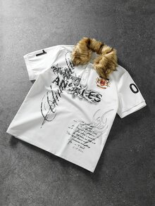 ROMWE MEN Street Life Men's Letter Print Patchwork Fuzzy Short Sleeve Polo Shirt - White - View 1
