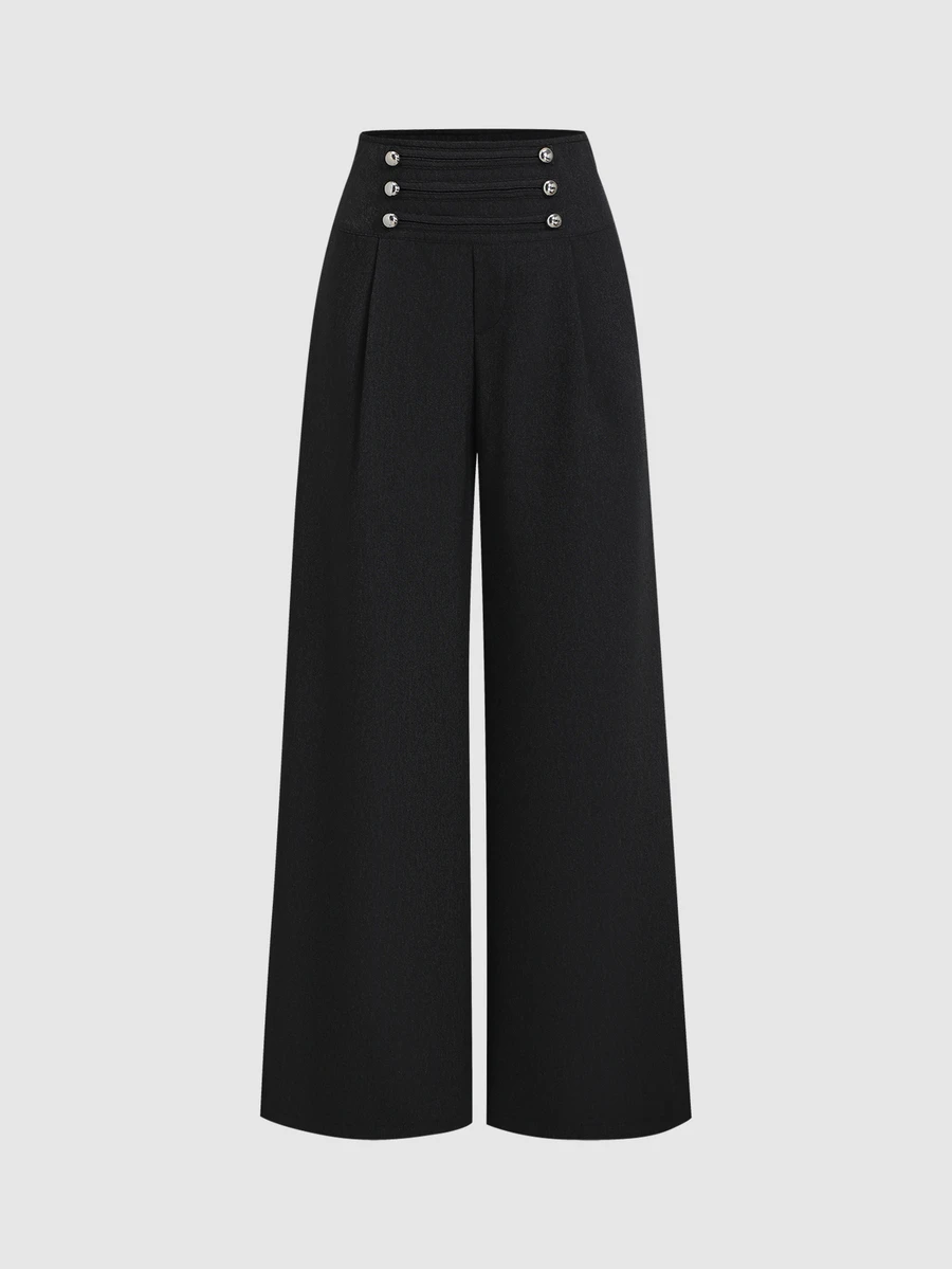 Sweetra Fashionable Versatile Commute Solid Color Wide Leg Suit Pants - Black - View 1