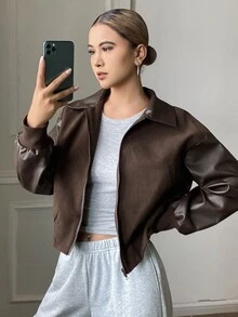 Livesso Jaket Fashion Kasual Longgar Warna-Blok Musim Gugur/Dingin - Coffee Brown - View 3