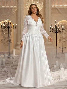 Aureia Plus Size Elegant Romantic V-Neck Lace Sheer Long Sleeve Pleated Fitted A-Line Wedding Dress Suitable For Evening Party Date Wedding Event - White - View 7