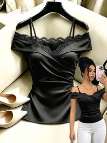 SHEIN Franclia Women's Fashion Lace Patchwork Off-Shoulder Spaghetti Strap Criss-Cross Wrap Waist Ruched Slim Fit Top, Suitable For Dating, Party, Daily Commute - Black - View 1
