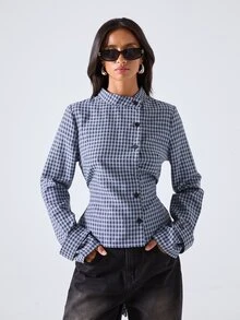 LYSMO Women's Plaid Long Sleeve Single-Breasted Casual French Elegant Stand Collar Shirt Office Brunch White And Navy Fall - Blue - View 3