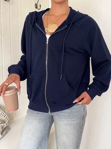 SHEIN EZwear Zip Up Raglan Sleeve Drawstring Hoodie,Long Sleeve Tops In Fall/Winter - Navy Blue - View 4