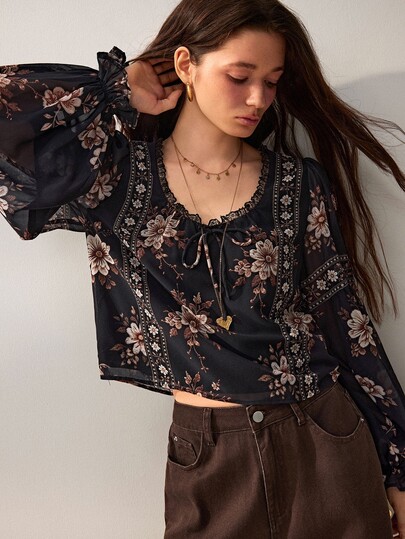 Willow Rêve Blus Chiffon Lengan Lonceng Longgar Warna Hitam untuk Wanita, Hiasan Renda dengan Ikatan di Depan, Gaya Bohemian Romantis Motif Bunga Vintage, Cocok untuk Liburan Musim Semi/Gugur dan Pesta