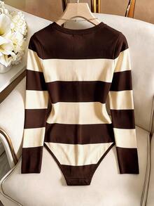 Resyla Fashionable Retro Casual Basic Round Neck Apricot & Brown Color Block Print Bodysuit - Multicolor - View 2