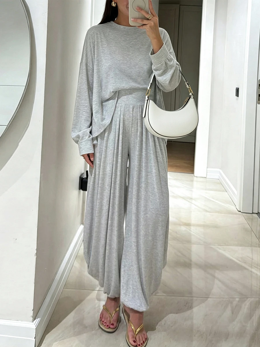 INAWLY Setelan Kasual Wanita 2 Potong: Kaos Lengan Panjang Leher Bulat Bahu Longgar Warna Polos dan Celana Panjang - Grey - View 1