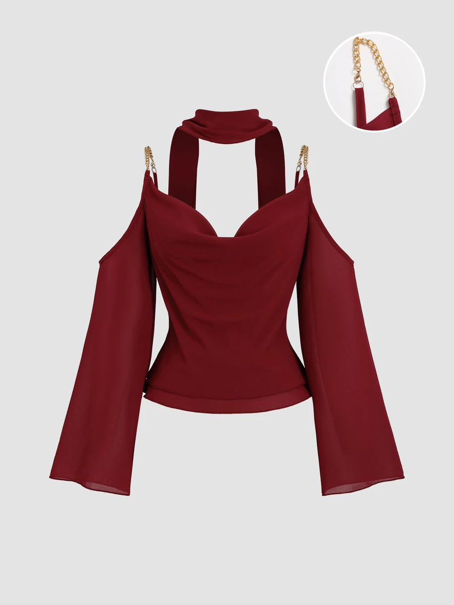 Sweetra Women's Elegant Commute & Vacation Versatile Long Sleeve & Cold Shoulder Design Comfortable Casual Burgundy Blouse - Burgundy - View 1