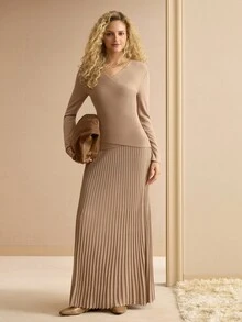 MOTF PREMIUM WOMEN'S SOLID COLOR V-NECK WRAP FITTED RIBBED KNIT SWEATER AND SKIRT SET - Khaki - View 5