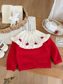 SHEIN Vintaside Kids 女童開學季秋冬紅色甜美毛衣，絲綢蕾絲下擺，優雅公主娃娃風，柔軟紗線，萬聖節、新年、聖誕節適用 - 彩色 - 查看 4