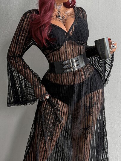 Whyspr Vintage Dark Pattern Lace Cold Shoulder Dress, Retro Flare Sleeve Sheer Lace Dress, Subculture Witch Style Asymmetrical Hem Bodycon Dress, Sheer Lace Flare Long Sleeve Dress, Waist-Cinching Minimalist Sexy Bodycon Mini Dress