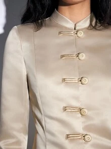 Maija Jaket Wanita Satin Lengan Panjang Warna Champagne, Potongan Pinggang Pas, Elegan untuk Acara Brunch - Unta - View 8