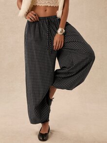 Easelle Vintage Bohemian Low Waist Wide Leg Plaid Women's Long Pants - Multicolor - View 2