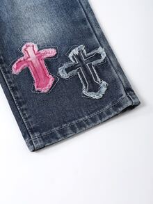 SHEIN 女嬰幼女小女孩 2025 秋冬新款寬腿牛仔褲，可愛愛心刺繡直筒牛仔褲，復古做舊黑色，刺繡愛心圖案，鬆緊腰設計，舒適純棉，適合上學/通勤 - 中等水洗藍 - 查看 6