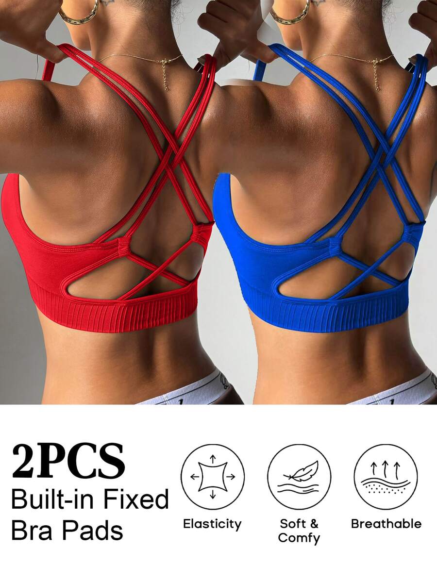 SHEIN Cheerettes 女款無縫純色交叉背日常健身運動內衣 - 彩色 - 查看 1